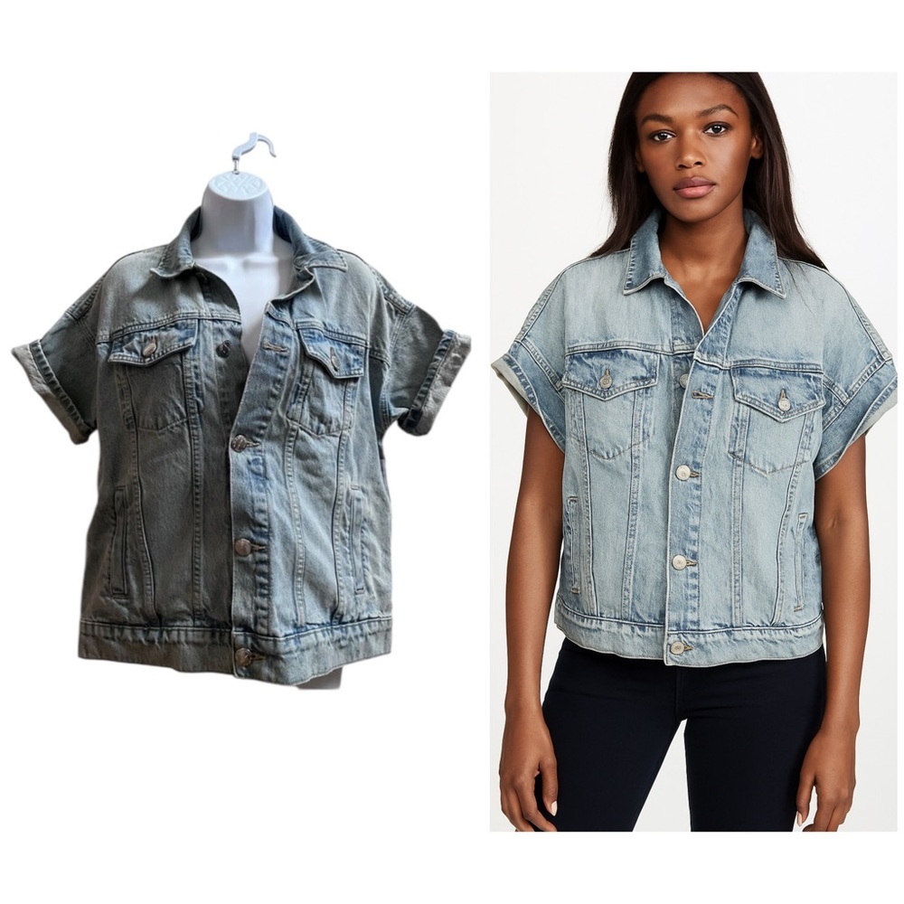 Current Elliot Rolled Short Sleeve Denim Trucker Jacket Oversized Size 0 USA - Picture 2 of 12